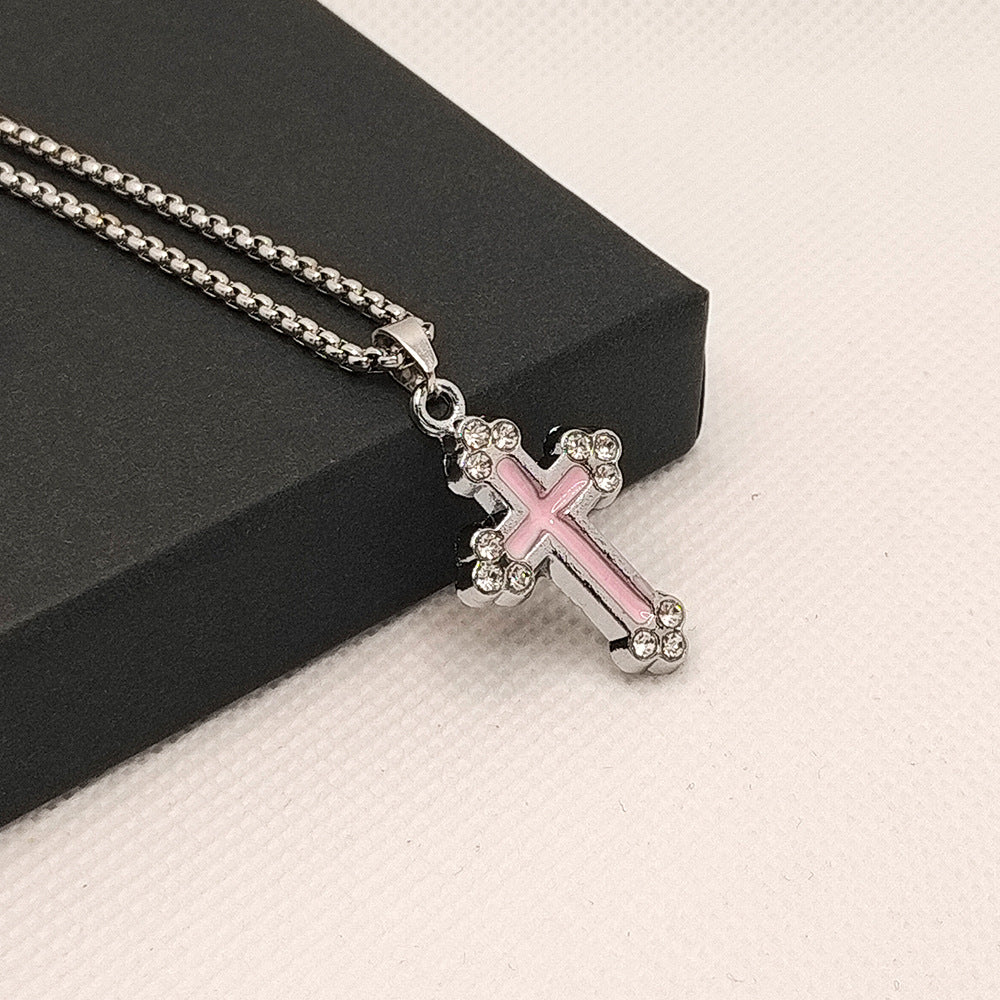 Wholesale Oil Dripping Hollow Cross Diamond Alloy Necklace